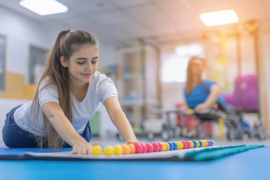 Therapist assisting a person with cerebral palsy in physical therapy exercises on a mat with copy space. Clinical therapy.  - Powered by Adobe