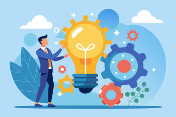 Innovation or product development, idea or solution to solve business problem, invention or technology creation to build new product, efficiency concept, businessman build gear in lightbulb idea.
