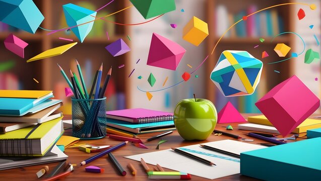 Colorful Creative Workspace with Floating Geometric Shapes and Stationery