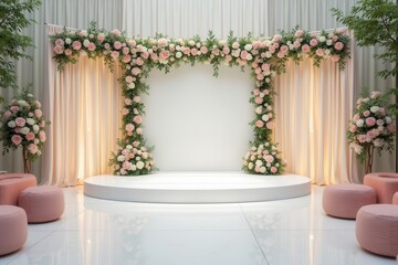 Floral Wedding Archway with White Backdrop and Pink Pillows