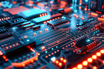 Obraz premium A close-up of a high-tech circuit board illuminated by vibrant red and blue lights, representing advanced technology.