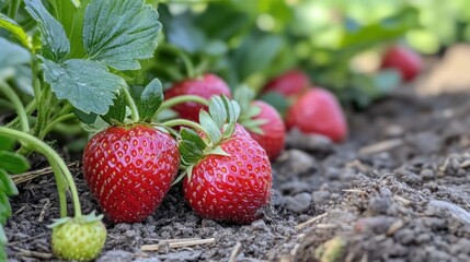 Ripe Strawberries in a Garden Bed