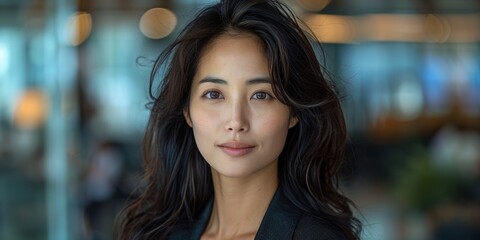Obraz premium Asian professional woman with soft waves in a contemporary office