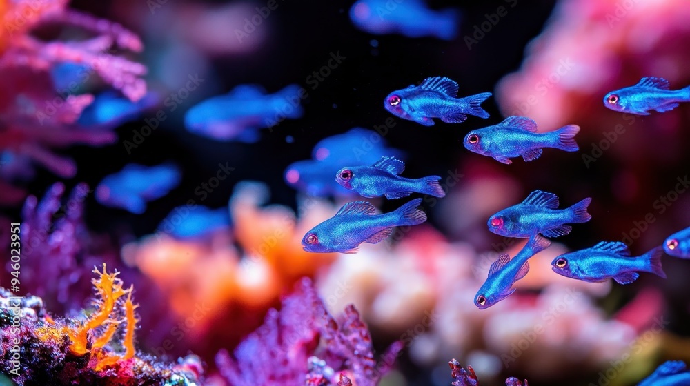 Poster A School of Blue Chromis Fish in a Vibrant Coral Reef