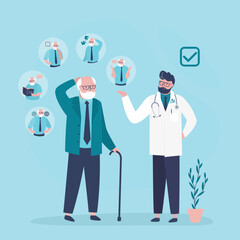 Doctor talking with aged man about alzheimer symptoms. Senior suffering Alzheimer's disease, getting medical help. Memory loss, brain illness treatment.