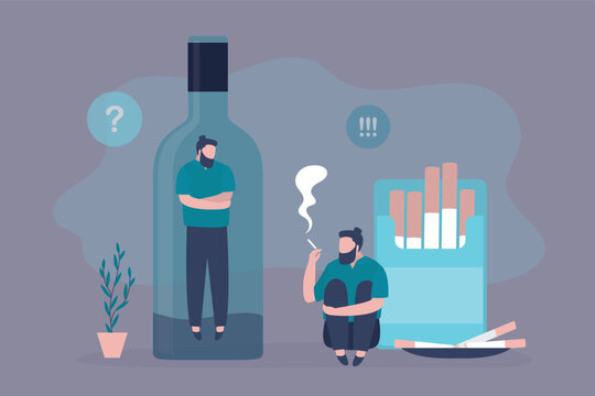 Bad habits, concept. Smoking cigarettes, drinking alcohol, tobacco and wine addiction, alcoholism therapy, stress abstract metaphor. Drunk man in bottle,