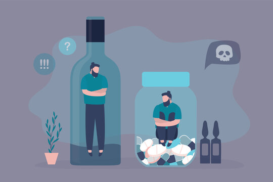 Bad habits, concept. Drug addiction, drinking alcohol, alcoholism therapy, stress abstract metaphor. Drug abuse, drunk man in bottle, male character under antidepressants