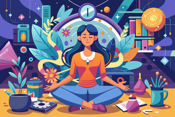 Stress management, meditation or relaxation to reduce anxiety, control emotion during problem solving or frustration work concept, woman in lotus meditation on chaos mess line with positive energy.
