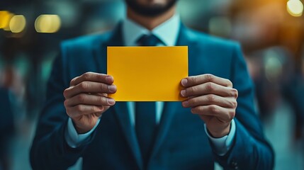 A businessman confidently holds a blank yellow card, ready for new opportunities.