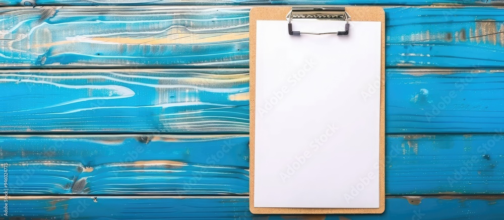 Poster a4 sized clipboard on a blue wooden table with natural morning light the background features a blank