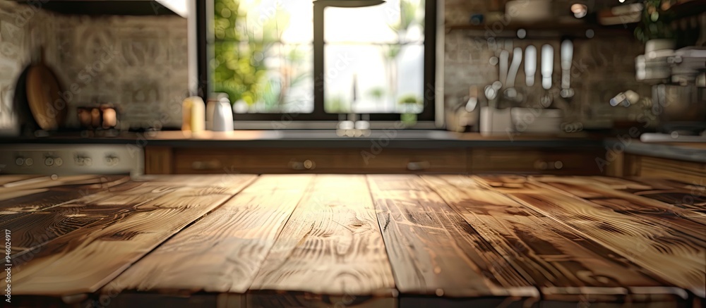 Poster wood table top with a blurred kitchen room background for montage product display or design key visu
