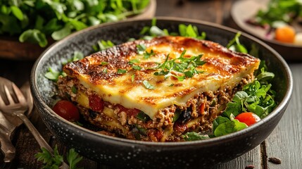 Authentic Greek moussaka with a side of fresh salad.