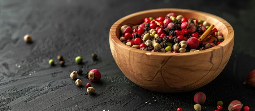 Spices allspice and peas in red or pink hues arranged in a wooden bowl on a black concrete surface highlighting Asian cuisine. Copy space image. Place for adding text and design