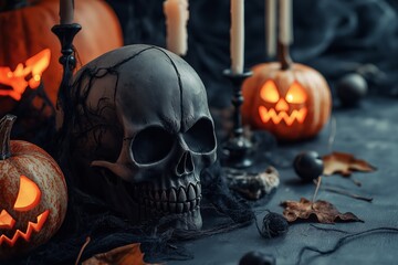 A black skull rests among pumpkins and candles, evoking a dark, eerie Halloween ambiance full of mystery and horror.