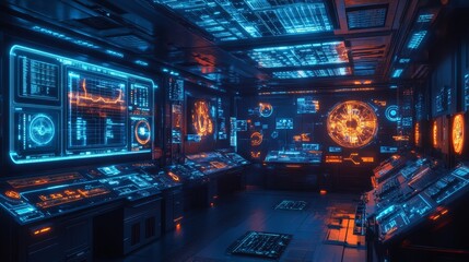 Futuristic Control Room Interior with Neon Lights