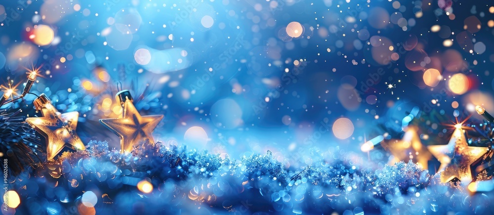 Poster Abstract Christmas background featuring holiday lights and copy space enchanting blue bokeh glitter with twinkling stars and falling snowflakes