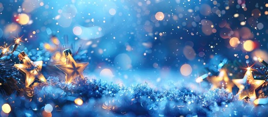 Abstract Christmas background featuring holiday lights and copy space enchanting blue bokeh glitter with twinkling stars and falling snowflakes