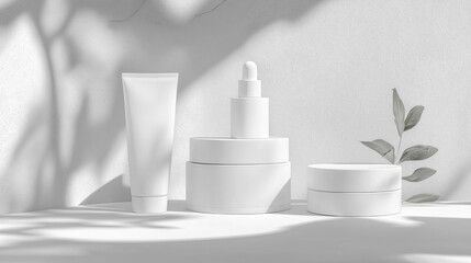 White podium stage product placement cosmetics mock up with white cosmetic bottles with white empty labels and soft backdrop shadows