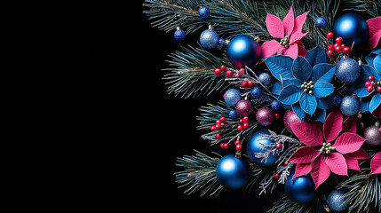   Christmas arrangement with poinsettias, blue & pink balls on black background with Feliz Navidad