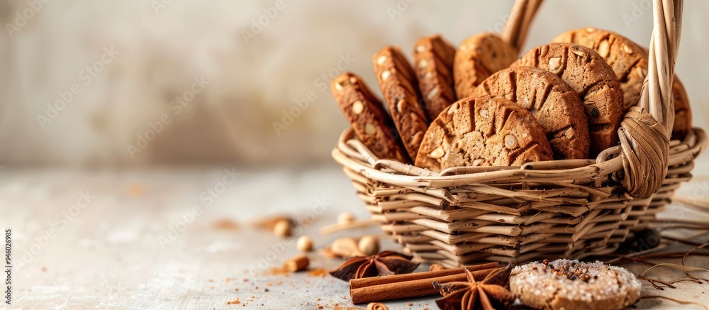 Poster Basket filled with delicious biscotti cookies and spices on a light wooden surface. Copy space image. Place for adding text and design