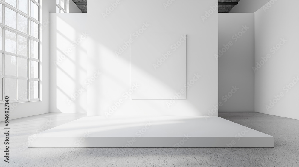Aufkleber white empty studio room with white big empty podium and sunlight from the windows