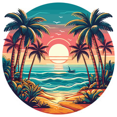 Naklejka premium Tropical sunset beach, vector illustration bold colors and palm trees vibrant vacation poster