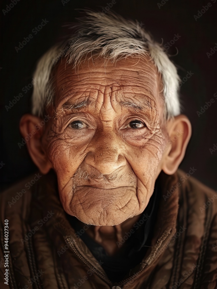 Poster a tranquil portrayal of an elderly man showcasing the depth of life experience and serenity, reflect