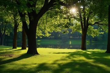 Naklejka premium Sunlight shines through lush green trees in a park, casting shadows on the verdant grass in a tranquil scene.