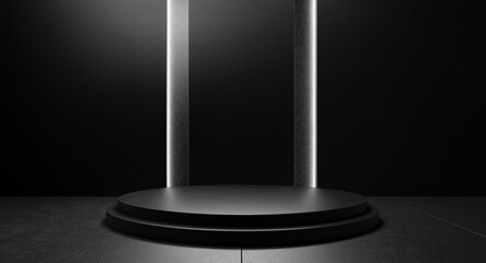 Black podium empty room stage copy space, black empty podium for product placement and design, empty black space with glowing light and minimalistic design