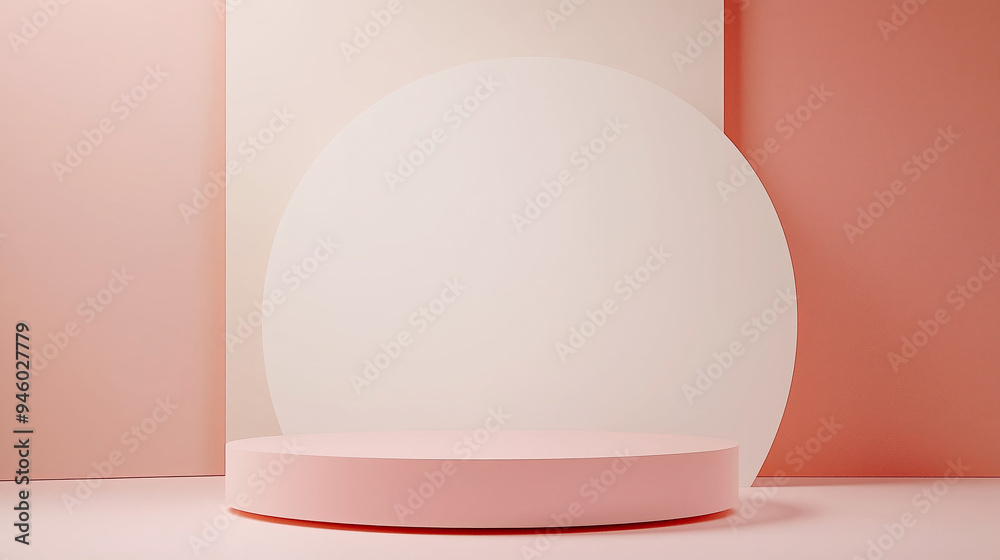 Poster Empty minimalistic room with empty stage podium place for product placement and design - best place for cosmetics products mock up with soft light and shadows
