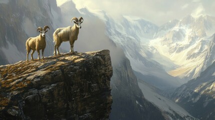 Mountain Goats on a Cliffside in a Snowy Mountain Range