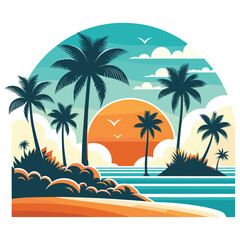 Obraz premium Tropical beach scene vector illustration in teal and orange, perfect for summer themes and decor