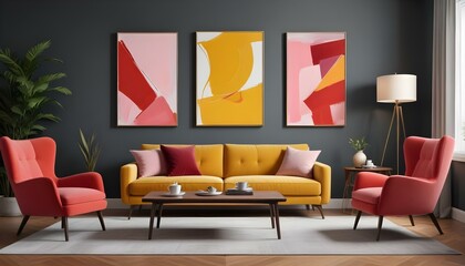 digital painting, A modern living room with a yellow sofa, a wooden coffee table, and three framed abstract paintings on the wall.