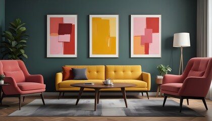 digital painting, A modern living room with a yellow sofa, a wooden coffee table, and three framed abstract paintings on the wall.