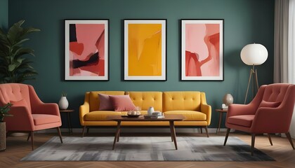 digital painting, A modern living room with a yellow sofa, a wooden coffee table, and three framed abstract paintings on the wall.