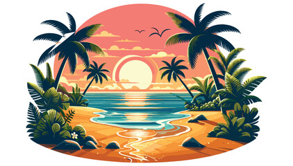 Tropical sunset beach illustration with palm trees, vibrant colors, perfect for summer posters