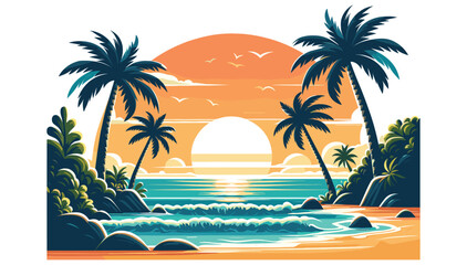 Obraz premium Tropical beach sunset illustration vector in vibrant colors, perfect for travel posters and ads