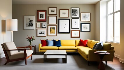 Stylish Mid-Century Modern Living Room with Yellow Sofa and Eclectic Gallery Wall