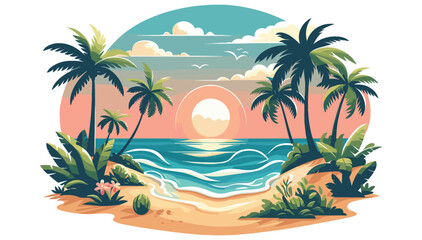 Obraz premium Tropical beach sunset illustration with palm trees and waves, vibrant colors, vacation poster