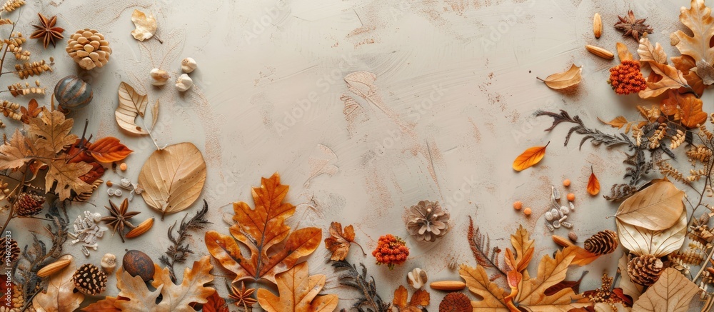 Wall mural autumn arrangement a pattern created from dried leaves and various decorative items on a table flat 