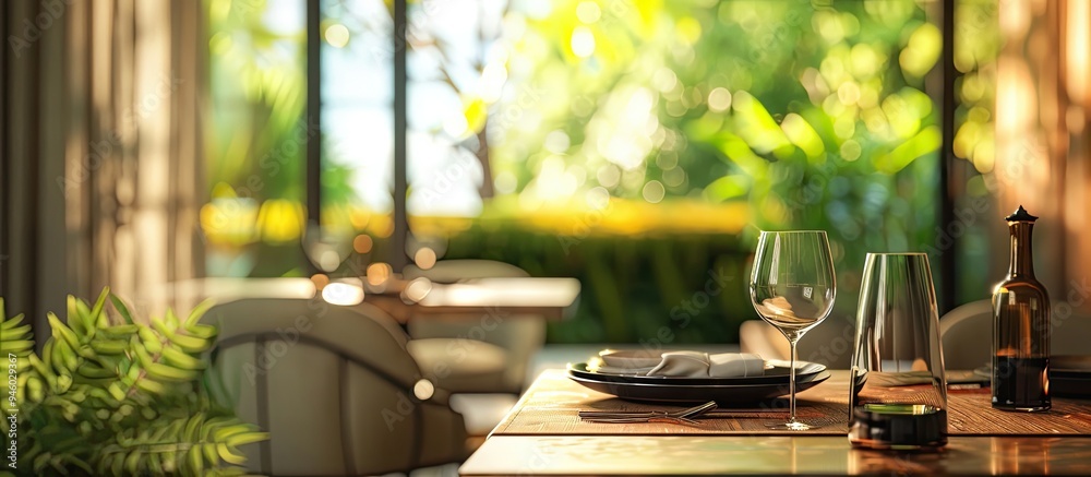 Poster dining room background with blurred table top. copy space image. place for adding text and design