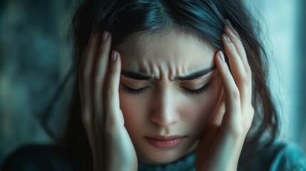 A young woman, with furrowed brows and closed eyes, is sitting alone indoors, hands on her head, conveying deep stress and anxiety. Generative AI