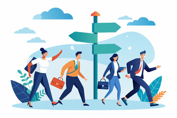 Right direction to success, strategy or plan to go in correct path, challenge or leadership to guide career path, new opportunity concept, business people walk to the right direction with signpost
