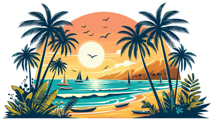 Tropical beach sunset vector illustration in vibrant colors, perfect for summer vacation themes