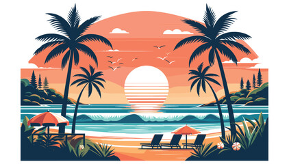 Coastal scenery vector illustration with sunset on beach, orange and teal, vacation poster