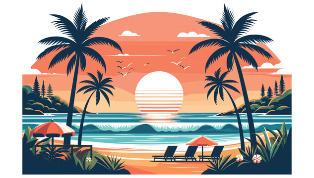 Coastal scenery vector illustration with sunset on beach, orange and teal, vacation poster