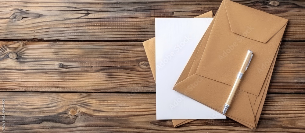 Poster notebook envelopes and pen on a wooden table top view. copy space image. place for adding text and d