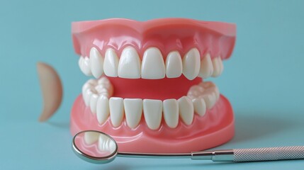Fototapeta premium Dental Model with Gums and Dentist Mirror on Light Blue Background