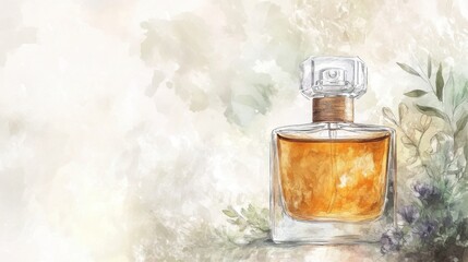 Perfume mist, subtle woody fragrance, watercolor style