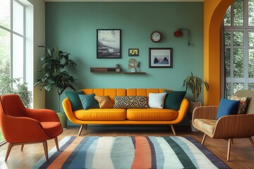 Fototapeta premium Retrothemed living room with vintage furniture, bold patterns,